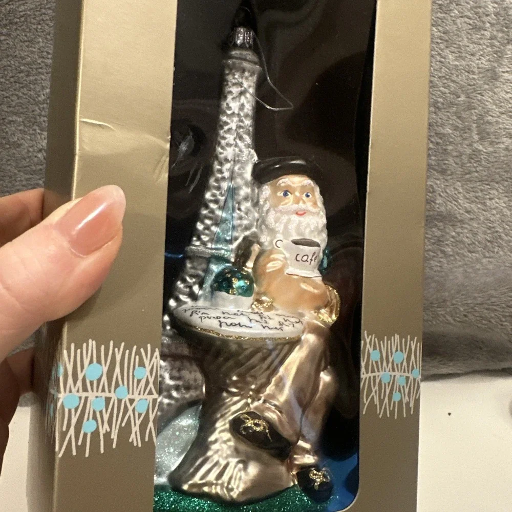 Santa Enjoying A Latte Eiffel Tower Dillard's Trimmings Glass Christmas Ornament